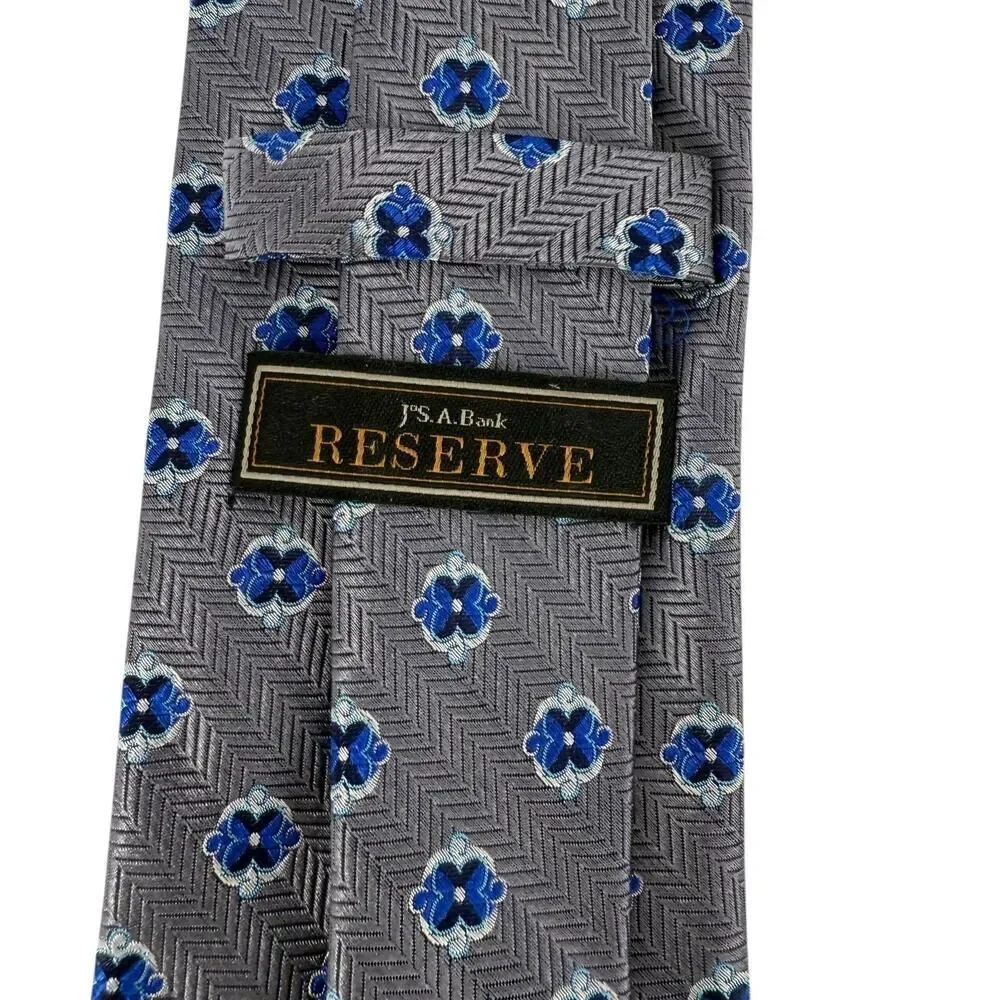 JoS A Bank Reserve Necktie Silk LONG Gray Blue Floral Woven Pointed 3 in Wide